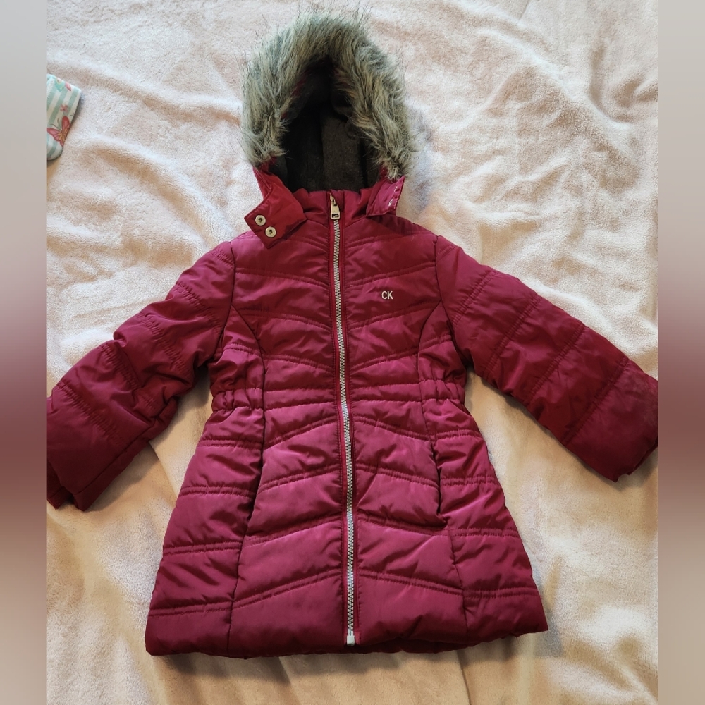 Calvin Klein Kids' Pink Puffer Jacket with Faux Fur Hood